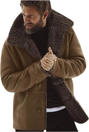 Men's Shearling Leather Coat Faux Suede Sherpa Lined Sheepskin Jacket Turn-Down Collar Warm Winter Jacket with Buttons