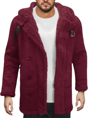Men's Shearling Leather Coat with Hood Faux Suede Sherpa Lined Sheepskin Jacket Single Breasted Slim Jacket Overcoat
