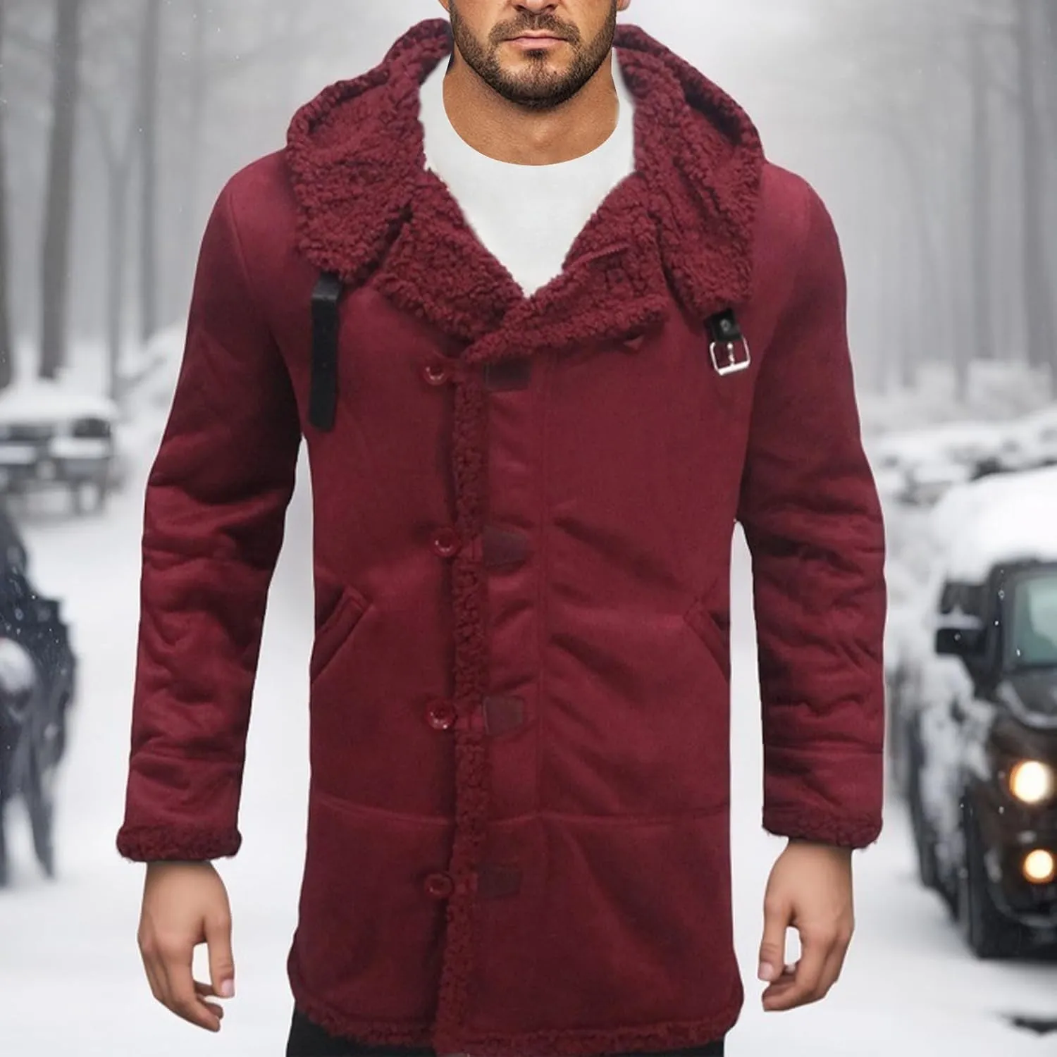 Men's Shearling Leather Coat with Hood Faux Suede Sherpa Lined Sheepskin Jacket Single Breasted Slim Jacket Overcoat