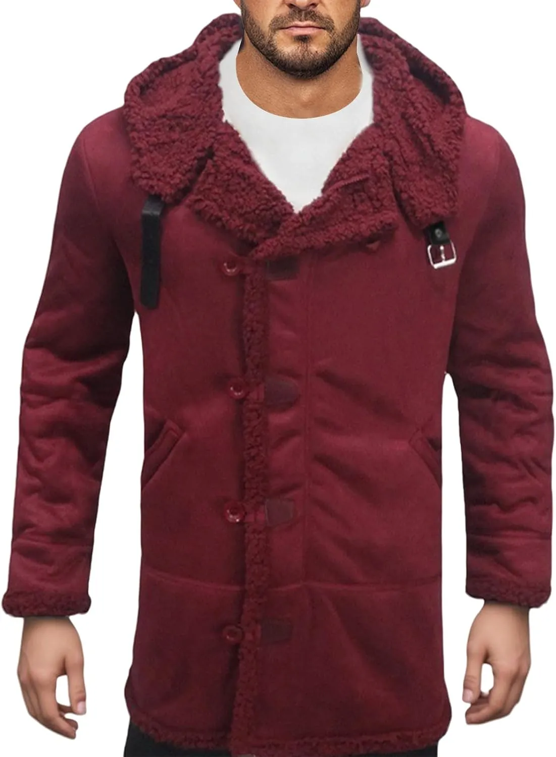 Men's Shearling Leather Coat with Hood Faux Suede Sherpa Lined Sheepskin Jacket Single Breasted Slim Jacket Overcoat