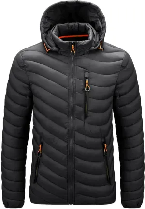 Mens Winter Coats Lightweight Puffer Jacket Hooded Quilted Puffer Coat Full Zip Up Padded Outwear with Removable Hood