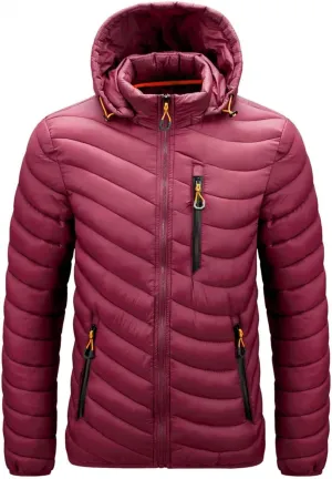 Mens Winter Coats Lightweight Puffer Jacket Hooded Quilted Puffer Coat Full Zip Up Padded Outwear with Removable Hood