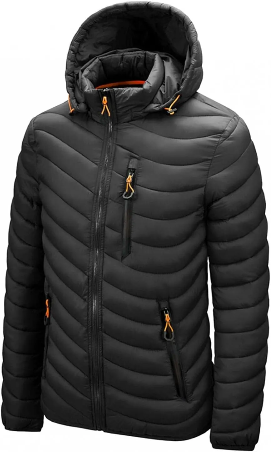 Mens Winter Coats Lightweight Puffer Jacket Hooded Quilted Puffer Coat Full Zip Up Padded Outwear with Removable Hood