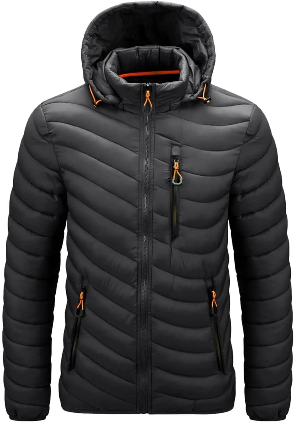 Mens Winter Coats Lightweight Puffer Jacket Hooded Quilted Puffer Coat Full Zip Up Padded Outwear with Removable Hood
