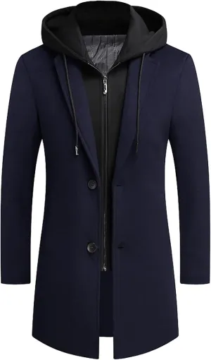 Men's Wool Blend Pea Coat Hooded Zipper Warm Cardigan Knitted Coat Jacket Notched Lapel Belt Fall Windproof Coat
