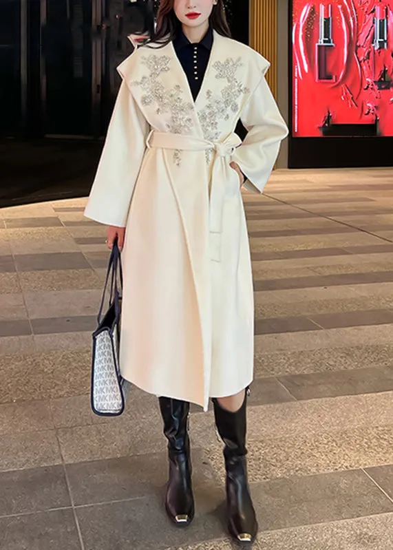 Modern Black Embroideried Tie Waist Woolen Trench Coat Long Sleeve LY9719