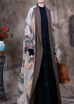 Organic Chocolate V Neck Print asymmetrical design Patchwork Fall Woolen Coat Long sleeve