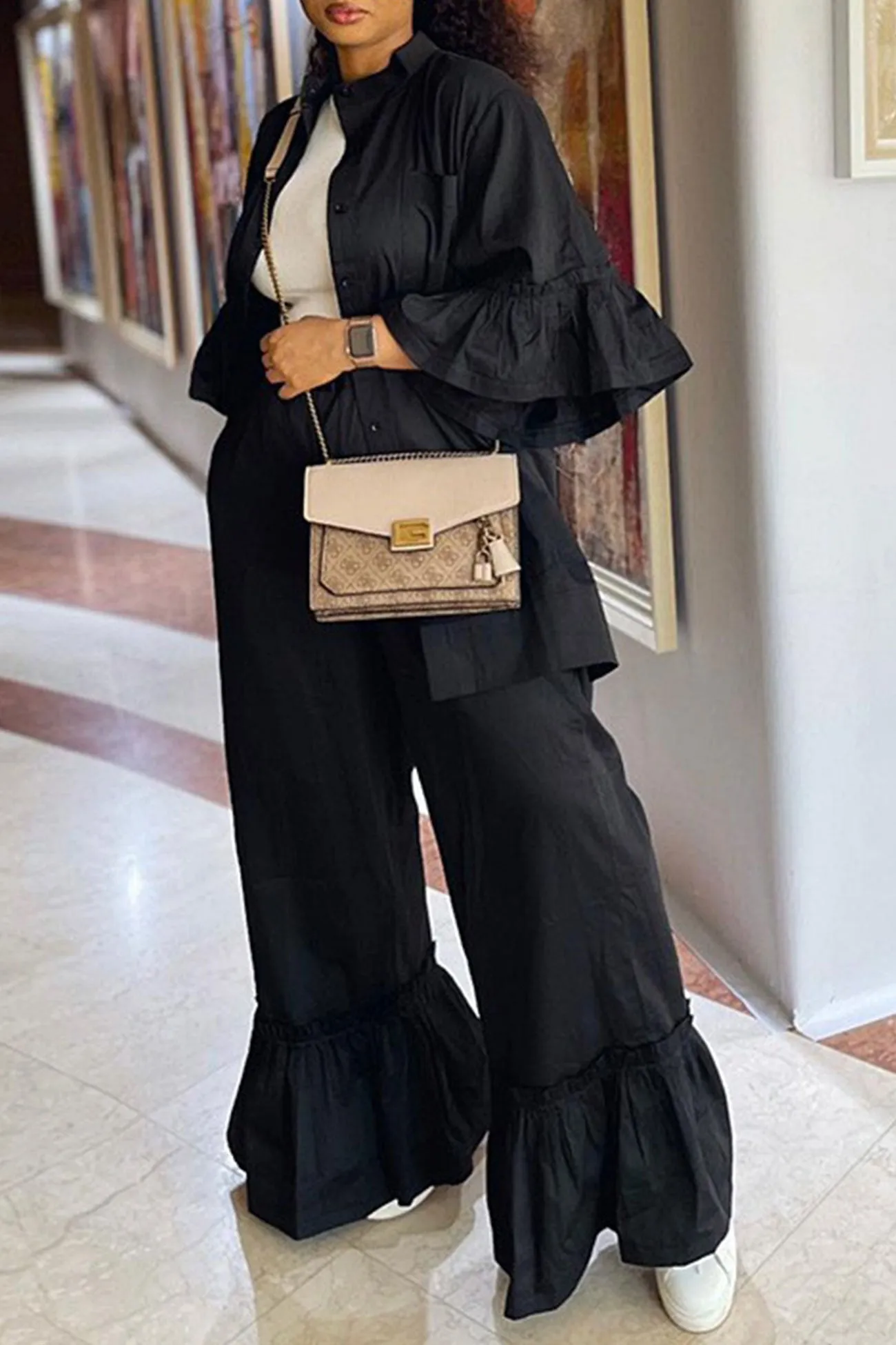Ruffle Half Sleeve Shirt Flares Pants Suits