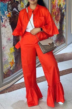 Ruffle Half Sleeve Shirt Flares Pants Suits