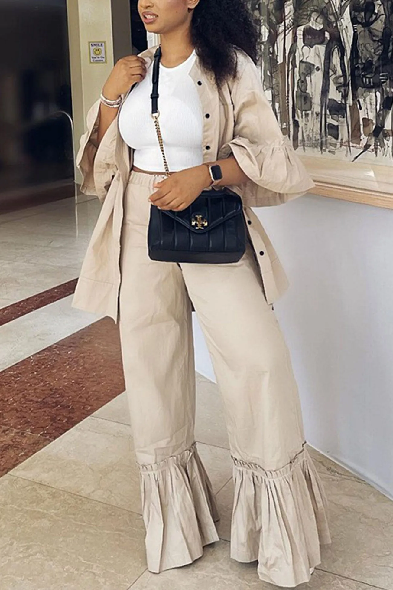 Ruffle Half Sleeve Shirt Flares Pants Suits