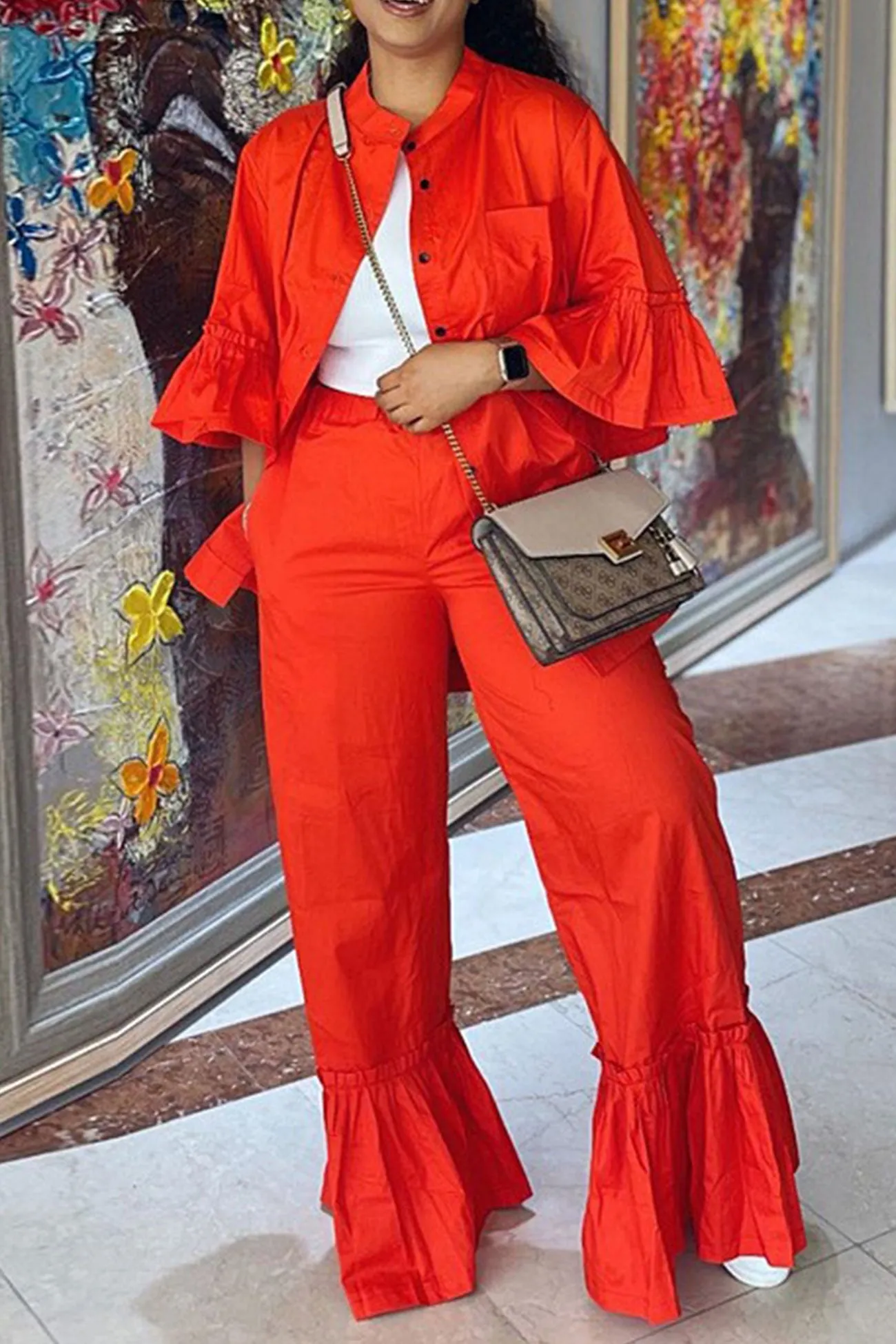 Ruffle Half Sleeve Shirt Flares Pants Suits