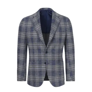 Single-Breasted Wool-Silk Blend Jacket in Blue Check