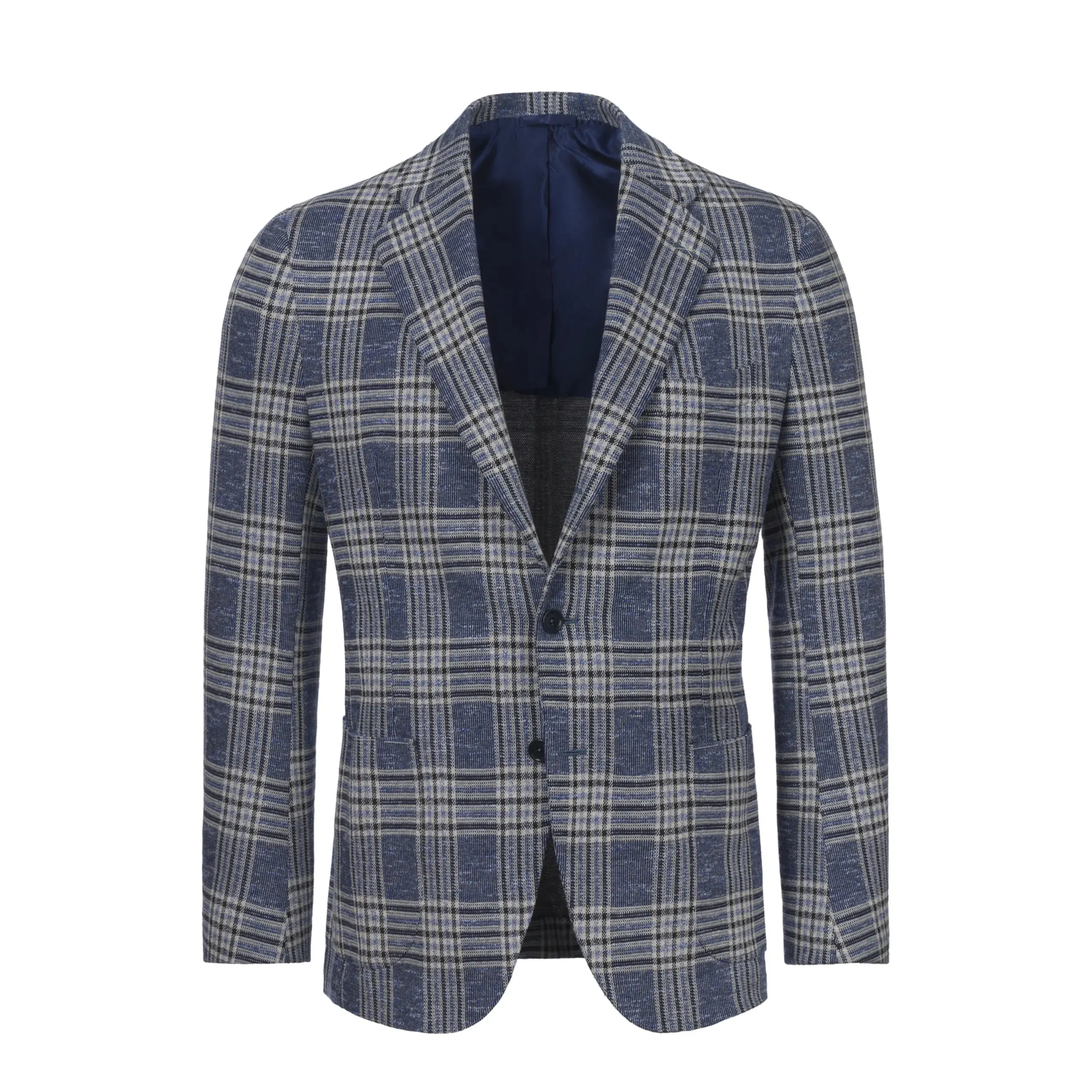 Single-Breasted Wool-Silk Blend Jacket in Blue Check
