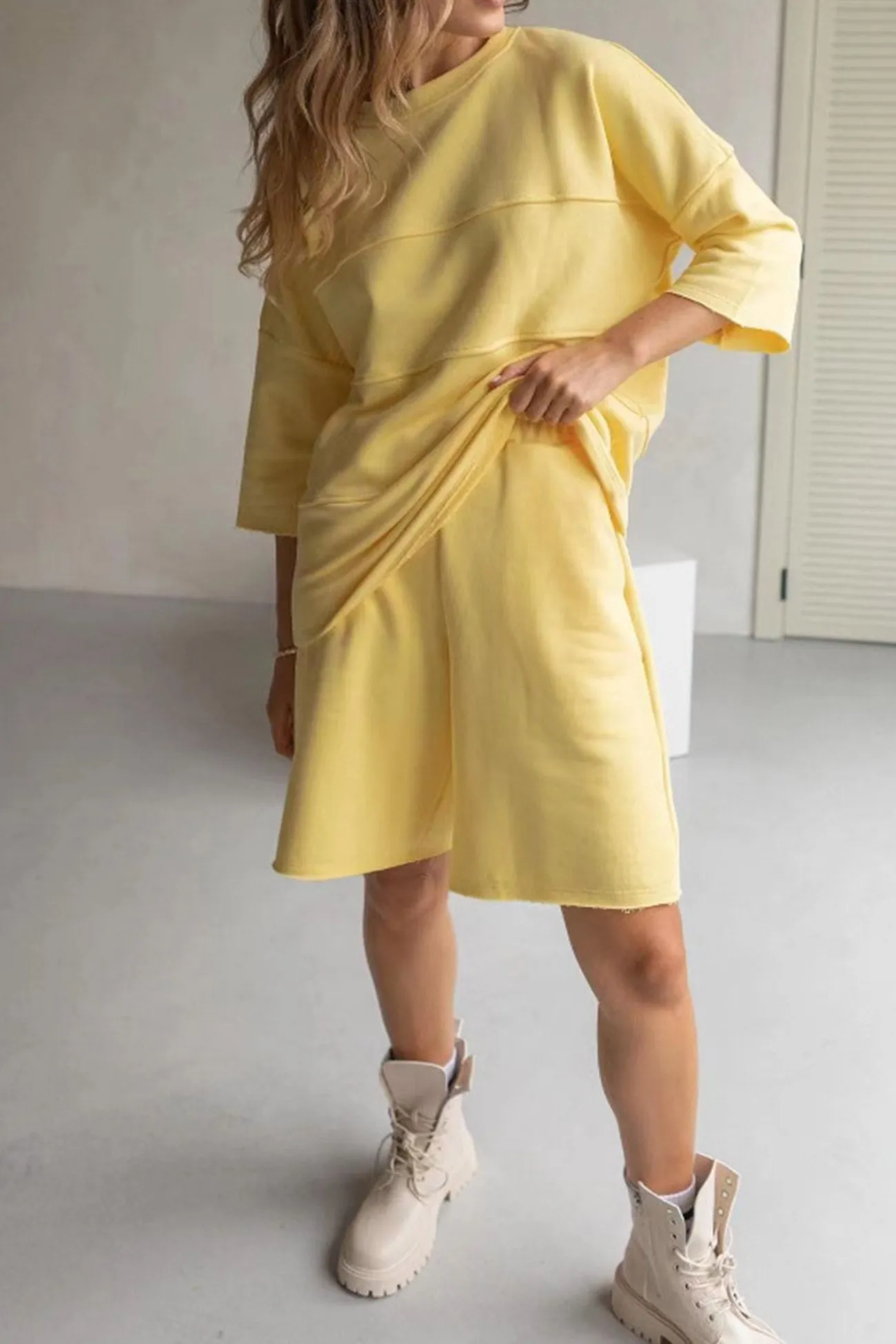 Solid Color Half Sleeve T-shirt Cotton Two-piece Shorts Set