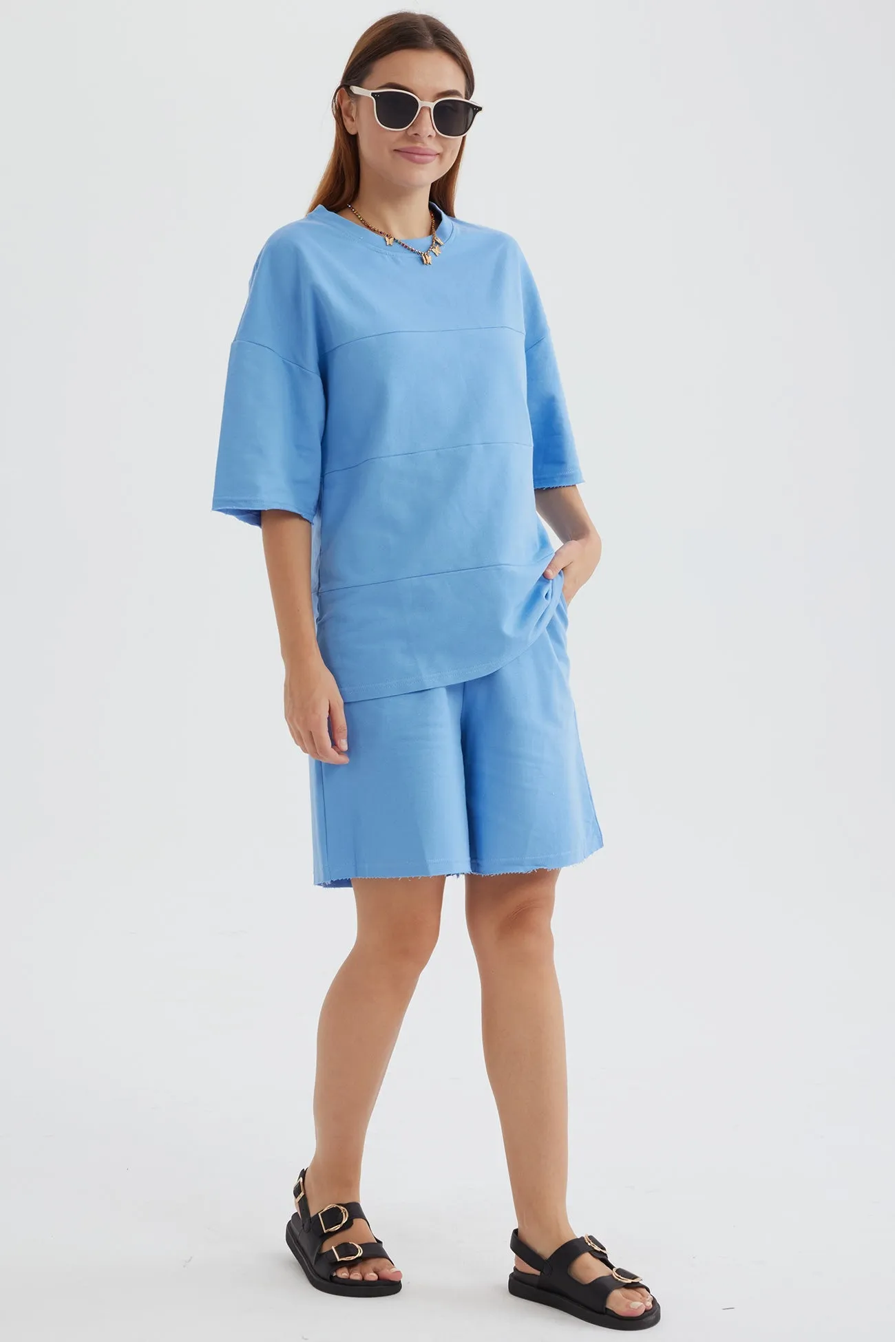 Solid Color Half Sleeve T-shirt Cotton Two-piece Shorts Set