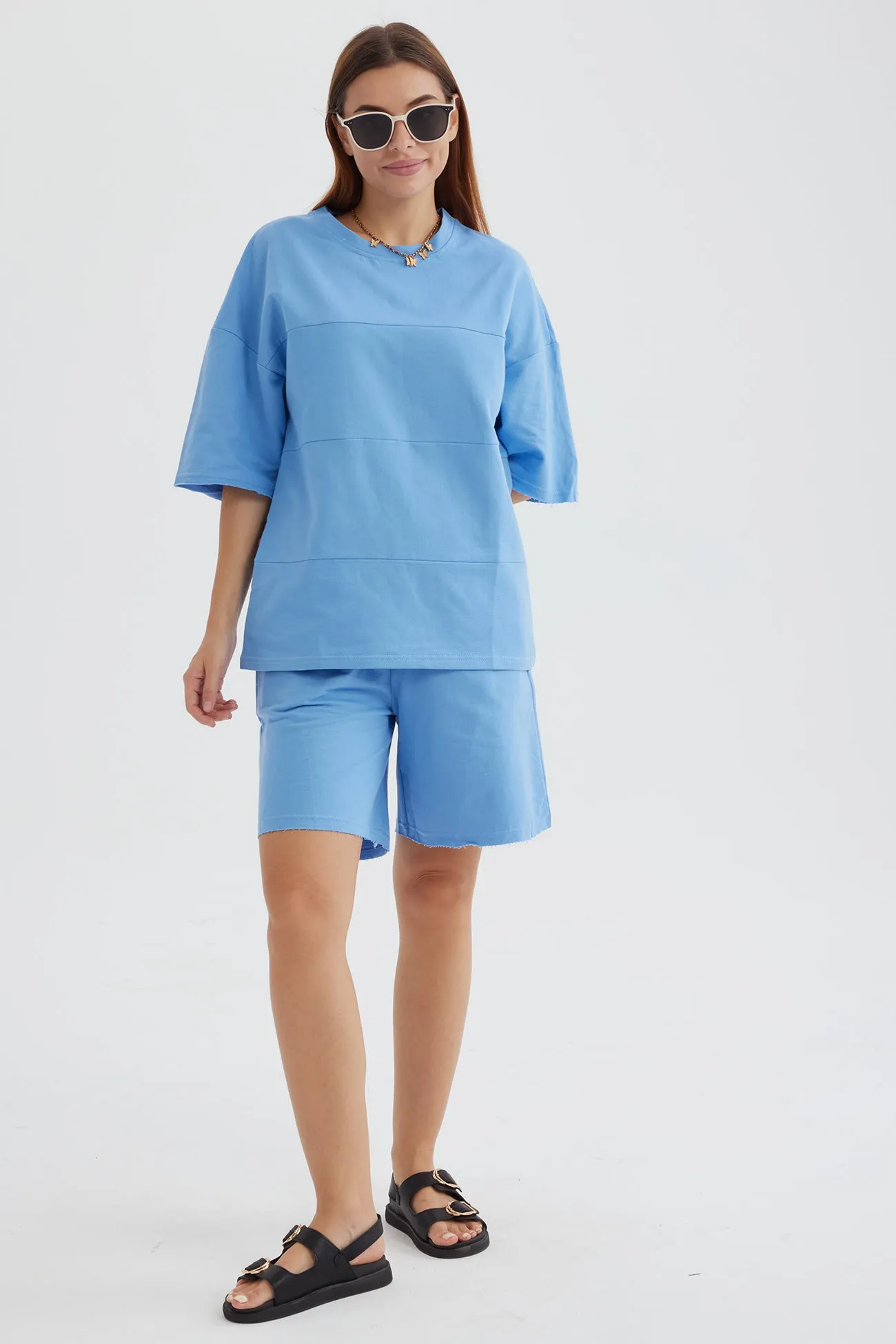 Solid Color Half Sleeve T-shirt Cotton Two-piece Shorts Set