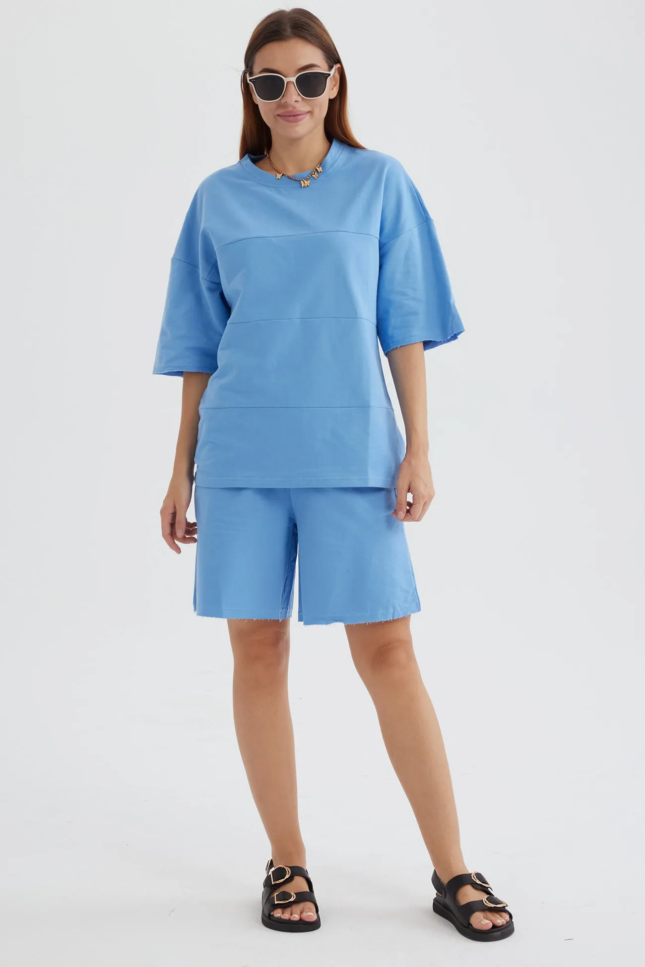 Solid Color Half Sleeve T-shirt Cotton Two-piece Shorts Set