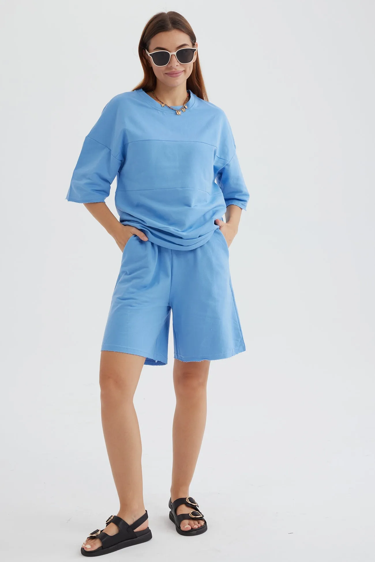 Solid Color Half Sleeve T-shirt Cotton Two-piece Shorts Set