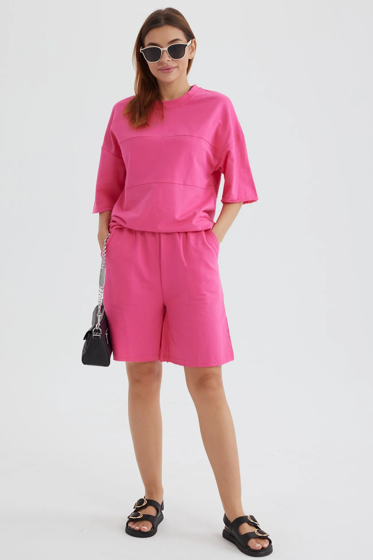 Solid Color Half Sleeve T-shirt Cotton Two-piece Shorts Set