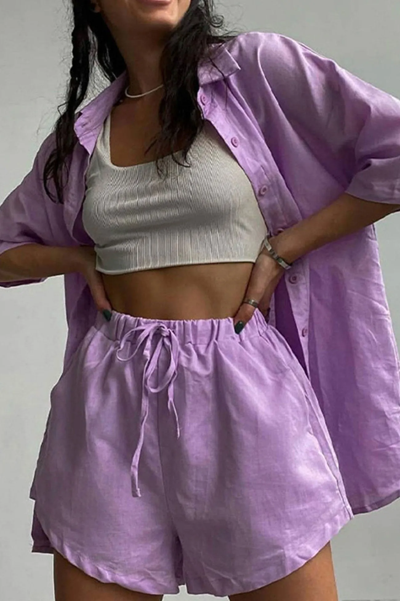 Solid Short Sleeve Shirt Drawstring Shorts Suits