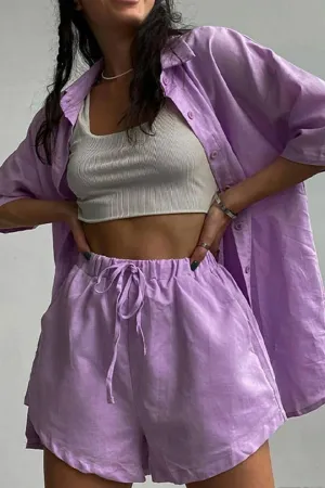 Solid Short Sleeve Shirt Drawstring Shorts Suits