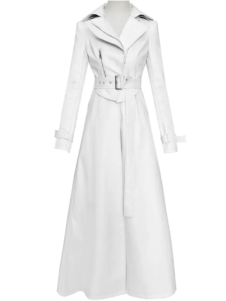 Spring Runway White Long Leather Trench Long Sleeve Elegant Luxury fashion Coats