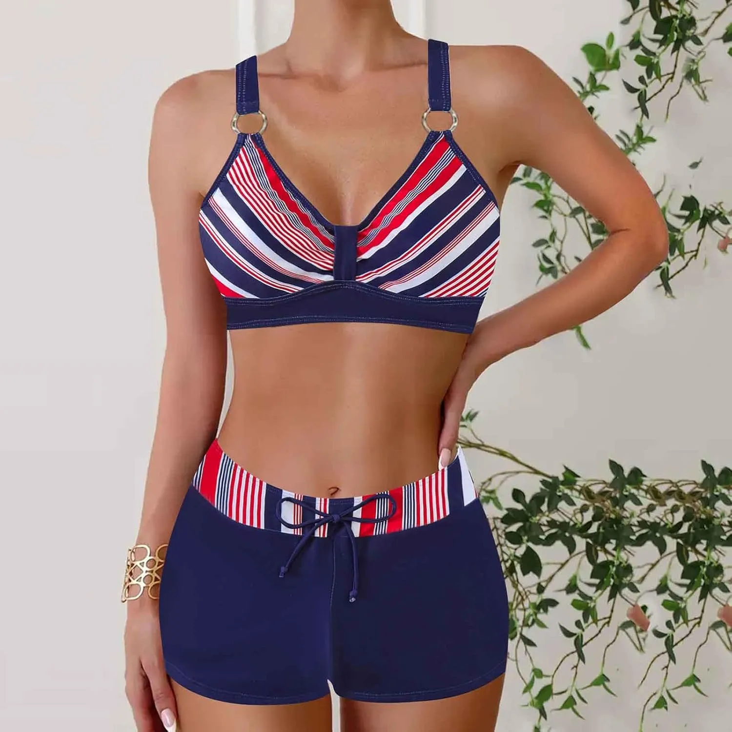 Women's Bathing Suits Sexy Coconut Tropics Palm Print Backless High Waist Two-Piece Tummy Control Bikini Swimsuit