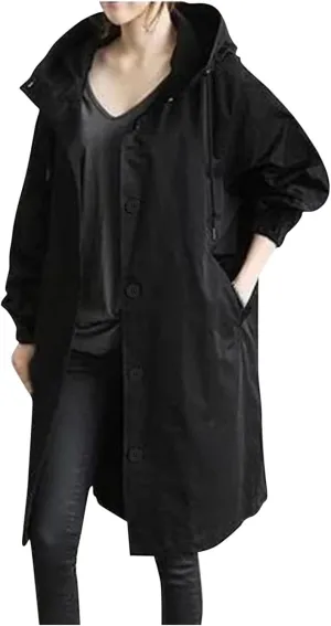 Womens Hooded Trench Coats Fall Lightweight Waterproof Rain Jackets Outdoor Button Down Plus Size Windbreaker Outwear
