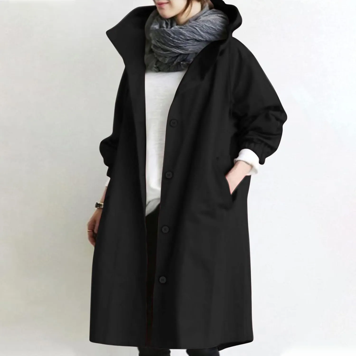 Womens Hooded Trench Coats Fall Lightweight Waterproof Rain Jackets Outdoor Button Down Plus Size Windbreaker Outwear