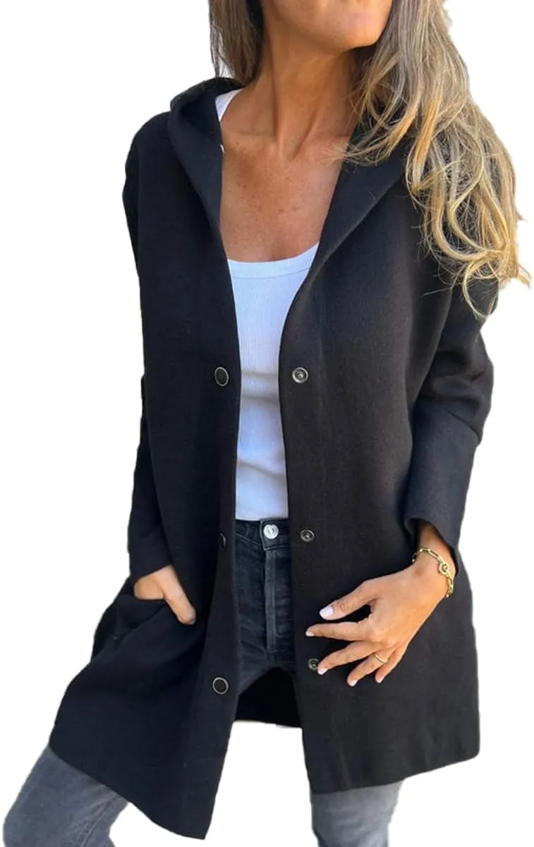 Womens Long Cardigan Casual Single Breasted Hooded Jacket Lapel Neck Long Sleeve Solid Trench Coat for Women 2024