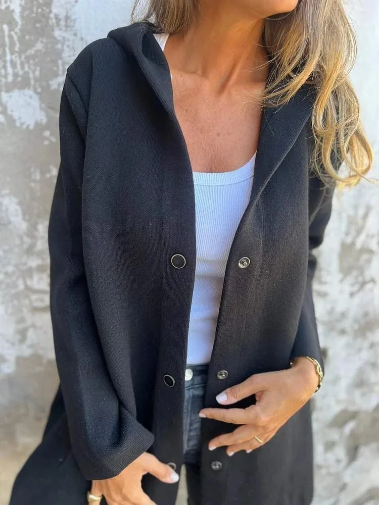 Womens Long Cardigan Casual Single Breasted Hooded Jacket Lapel Neck Long Sleeve Solid Trench Coat for Women 2024