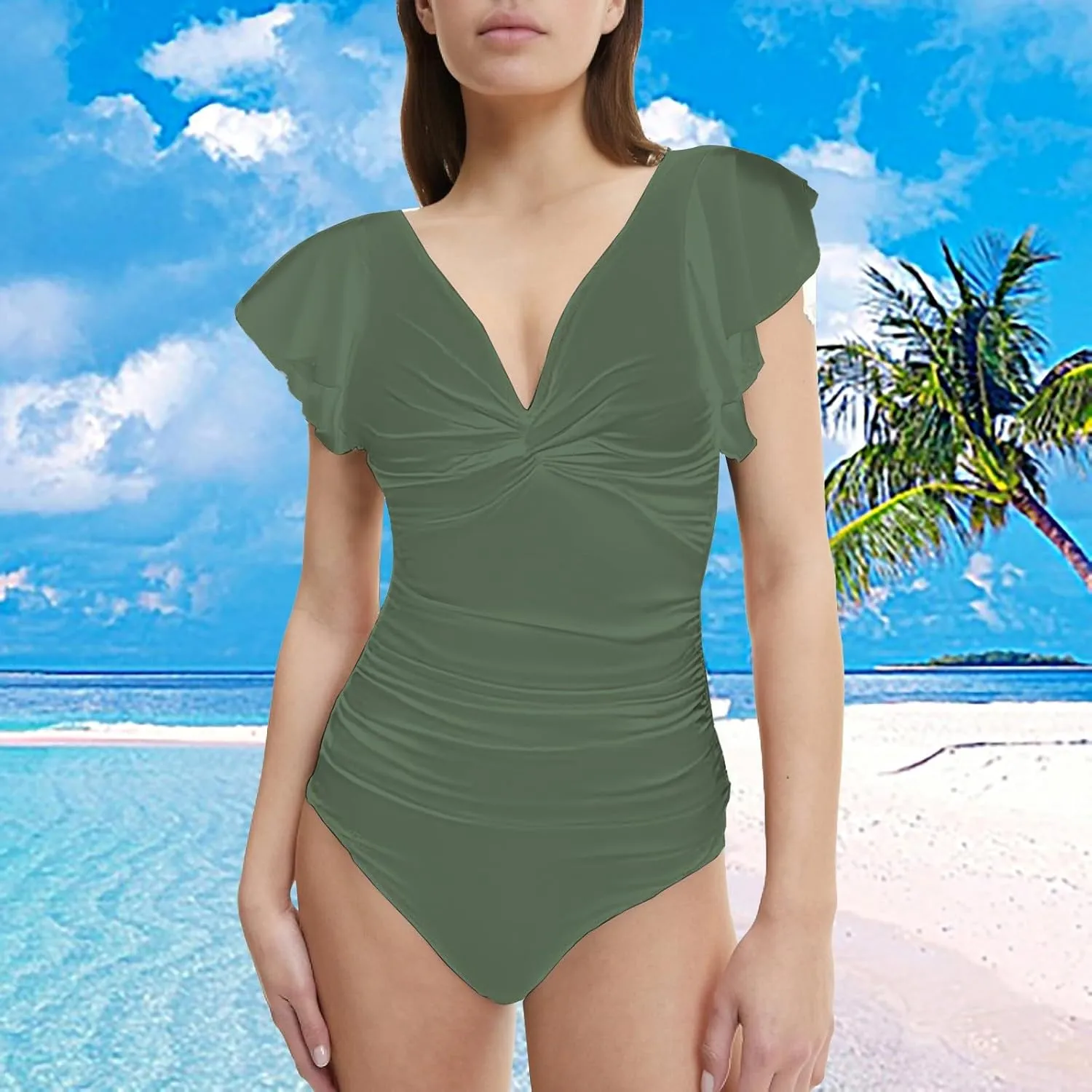 Womens Ruffled One Piece Swimsuits Slim Fit Cute Swimsuit with Chest Pad Without Brackets Pleated V Neck Swimsuit