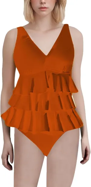 Womens Ruffled One Piece Swimsuits Slim Fit Cute Swimsuit with Chest Pad Without Brackets Pleated V Neck Swimsuit