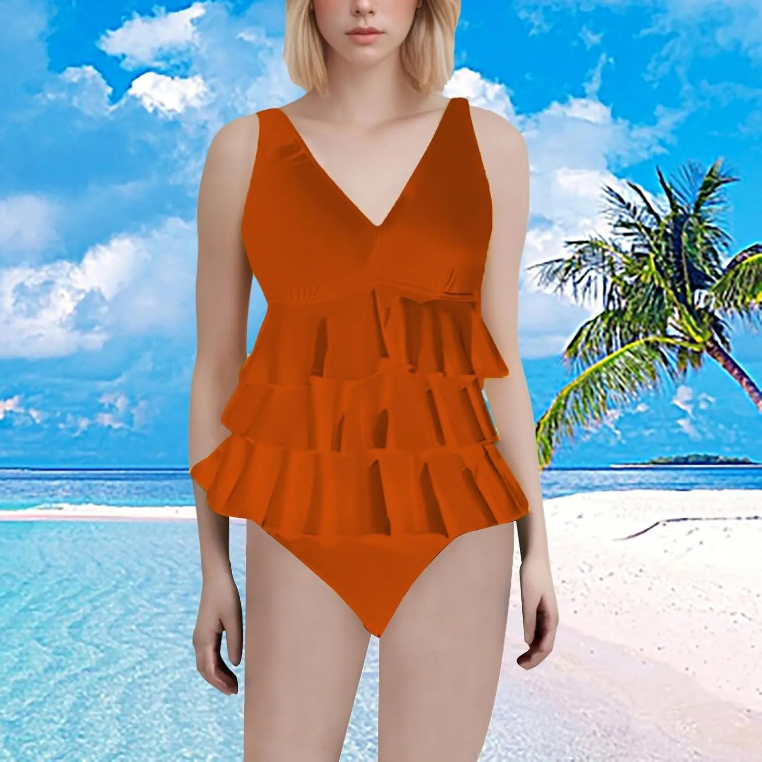 Womens Ruffled One Piece Swimsuits Slim Fit Cute Swimsuit with Chest Pad Without Brackets Pleated V Neck Swimsuit