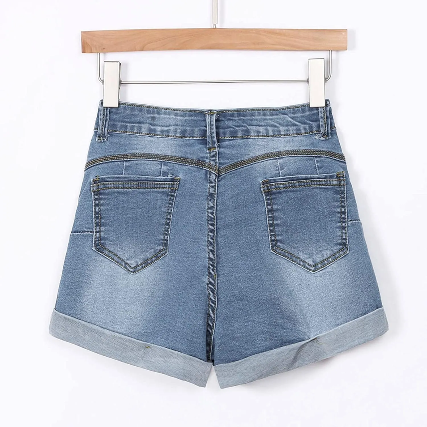 Womens Sexy Hole Denim Shorts Mid Rise Stretchy Pure Color Casual Boyfriend Jeans Shorts Rolled Up Hem Slim Shorts