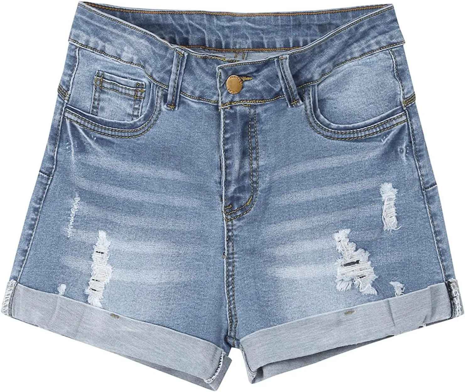 Womens Sexy Hole Denim Shorts Mid Rise Stretchy Pure Color Casual Boyfriend Jeans Shorts Rolled Up Hem Slim Shorts