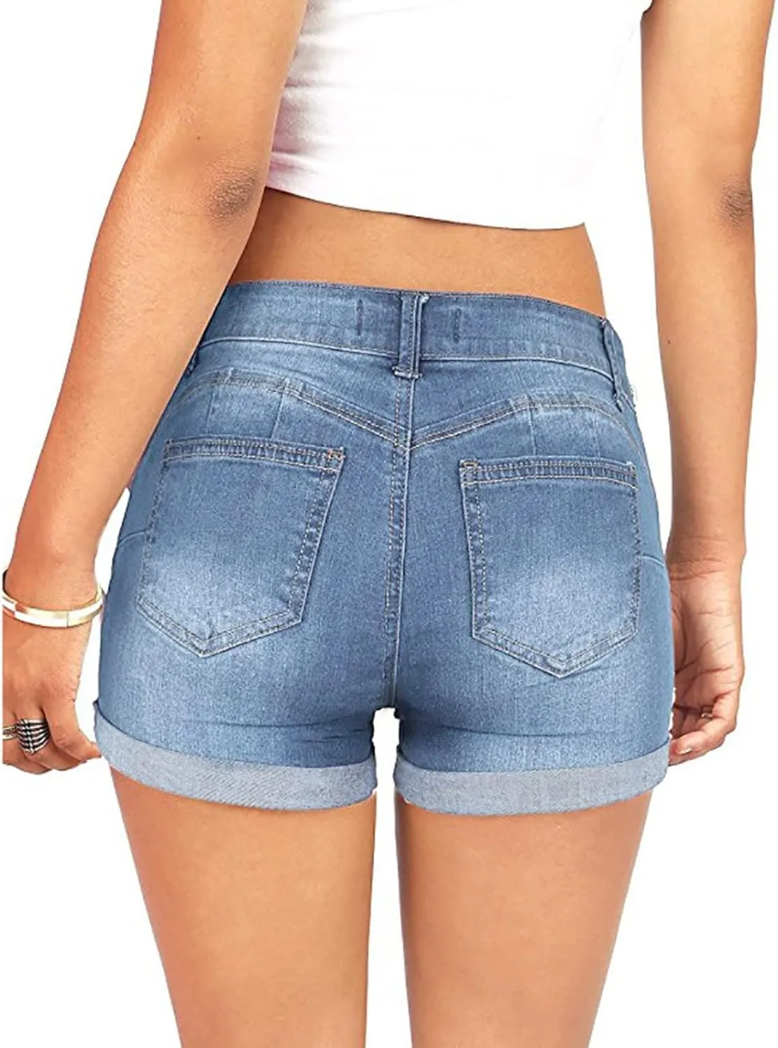 Womens Sexy Hole Denim Shorts Mid Rise Stretchy Pure Color Casual Boyfriend Jeans Shorts Rolled Up Hem Slim Shorts