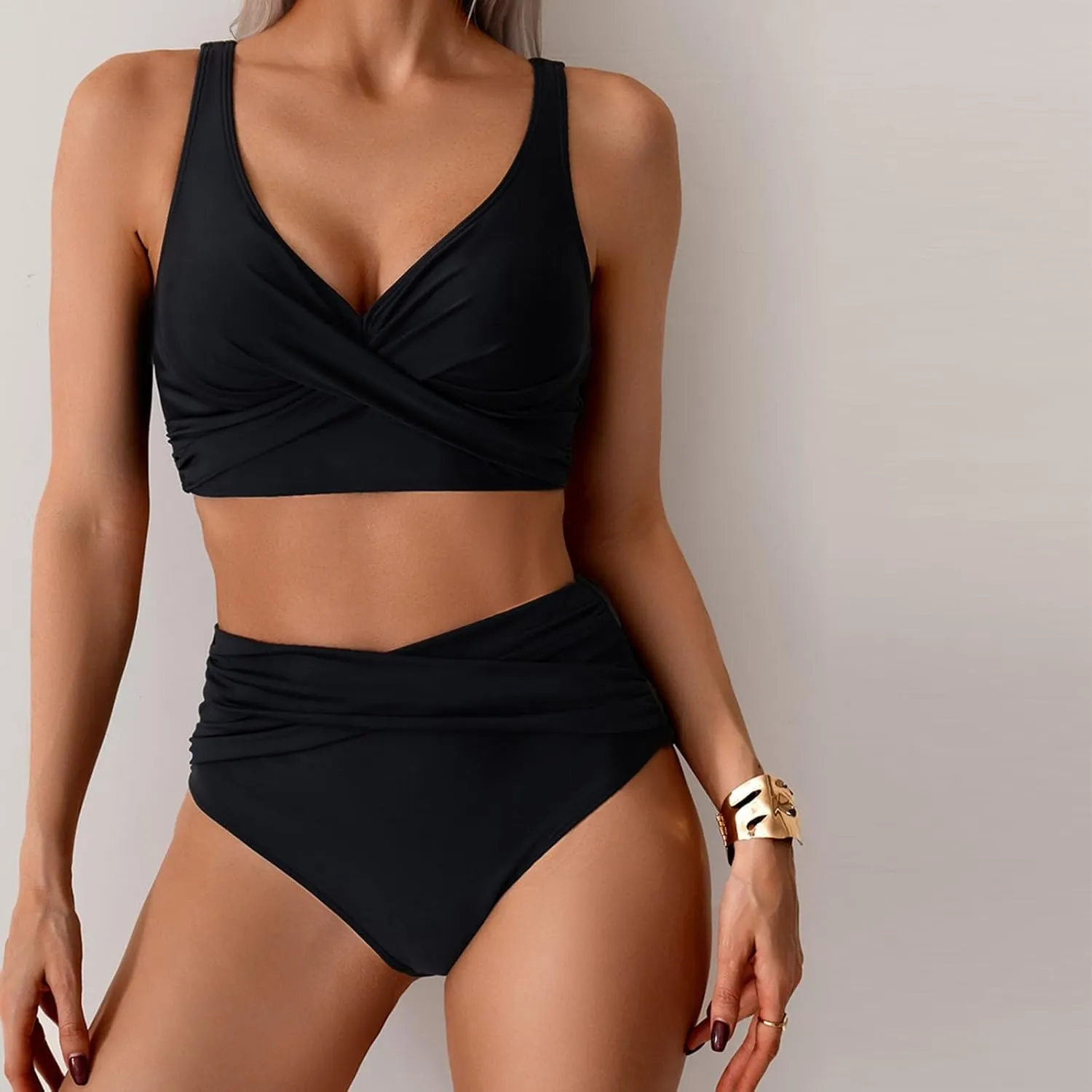 Womens Two Piece Bikini Sets Solid Color Criss Cross Swimsuit High Waist Pleated Bathing Suits Conservative Swimwear