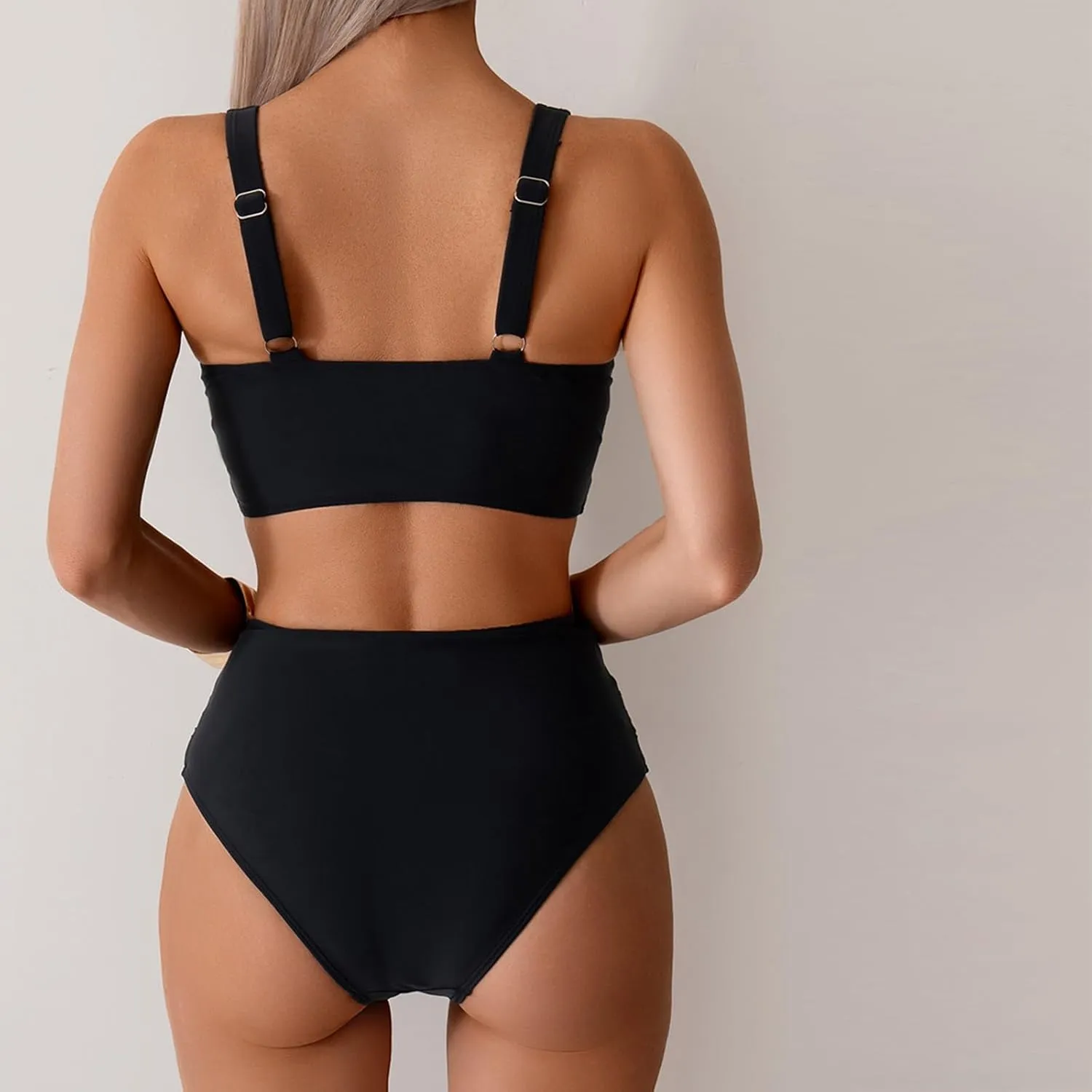Womens Two Piece Bikini Sets Solid Color Criss Cross Swimsuit High Waist Pleated Bathing Suits Conservative Swimwear