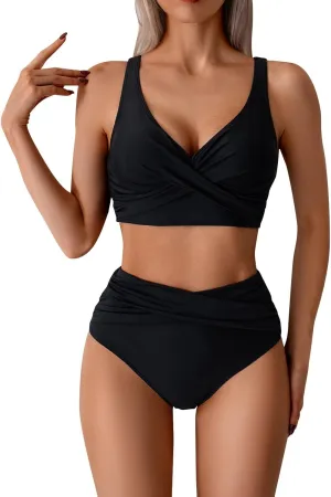 Womens Two Piece Bikini Sets Solid Color Criss Cross Swimsuit High Waist Pleated Bathing Suits Conservative Swimwear