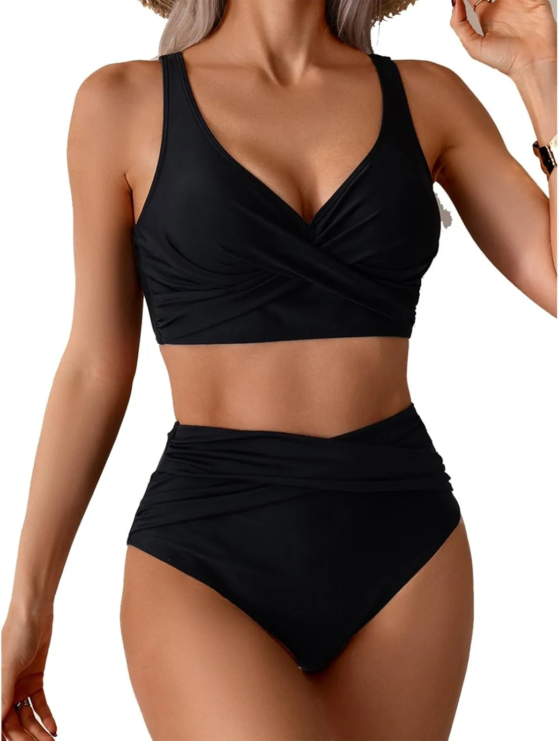 Womens Two Piece Bikini Sets Solid Color Criss Cross Swimsuit High Waist Pleated Bathing Suits Conservative Swimwear